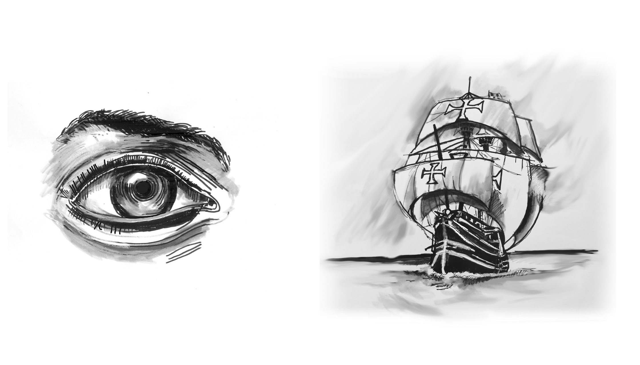 eye and ship realistic black and white sketch