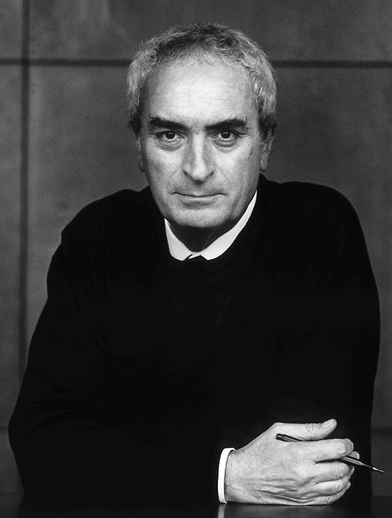 Black and white portrait of graphic designer Massimo Vignelli