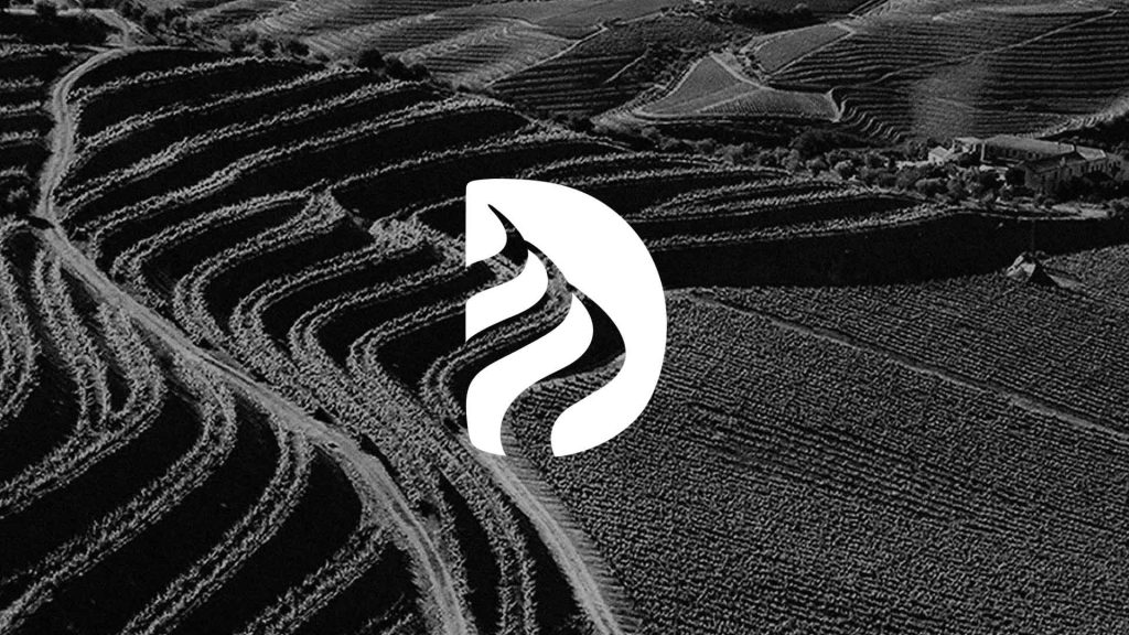 Logotype Lettering "D" in white, with portuguese vinyard on the background