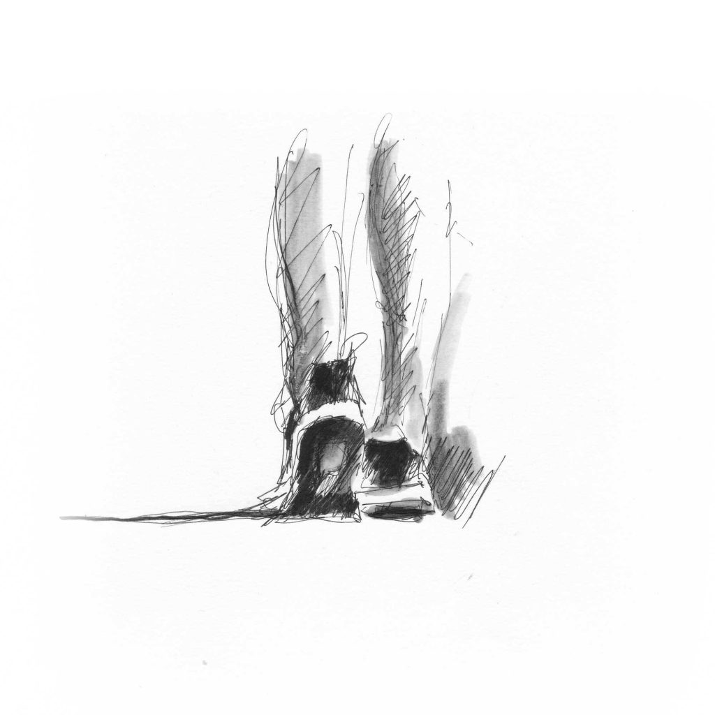 Desenho aproximado das pernas de um homem a fazer uma caminhada.
